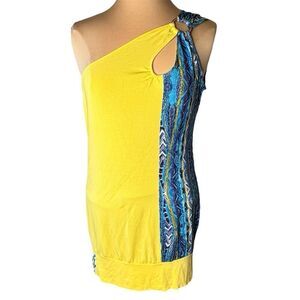 COOGI Sz XL Cold Shoulder Tank Dress Yellow Teal Aztec Summer Beach O-Ring Y2K